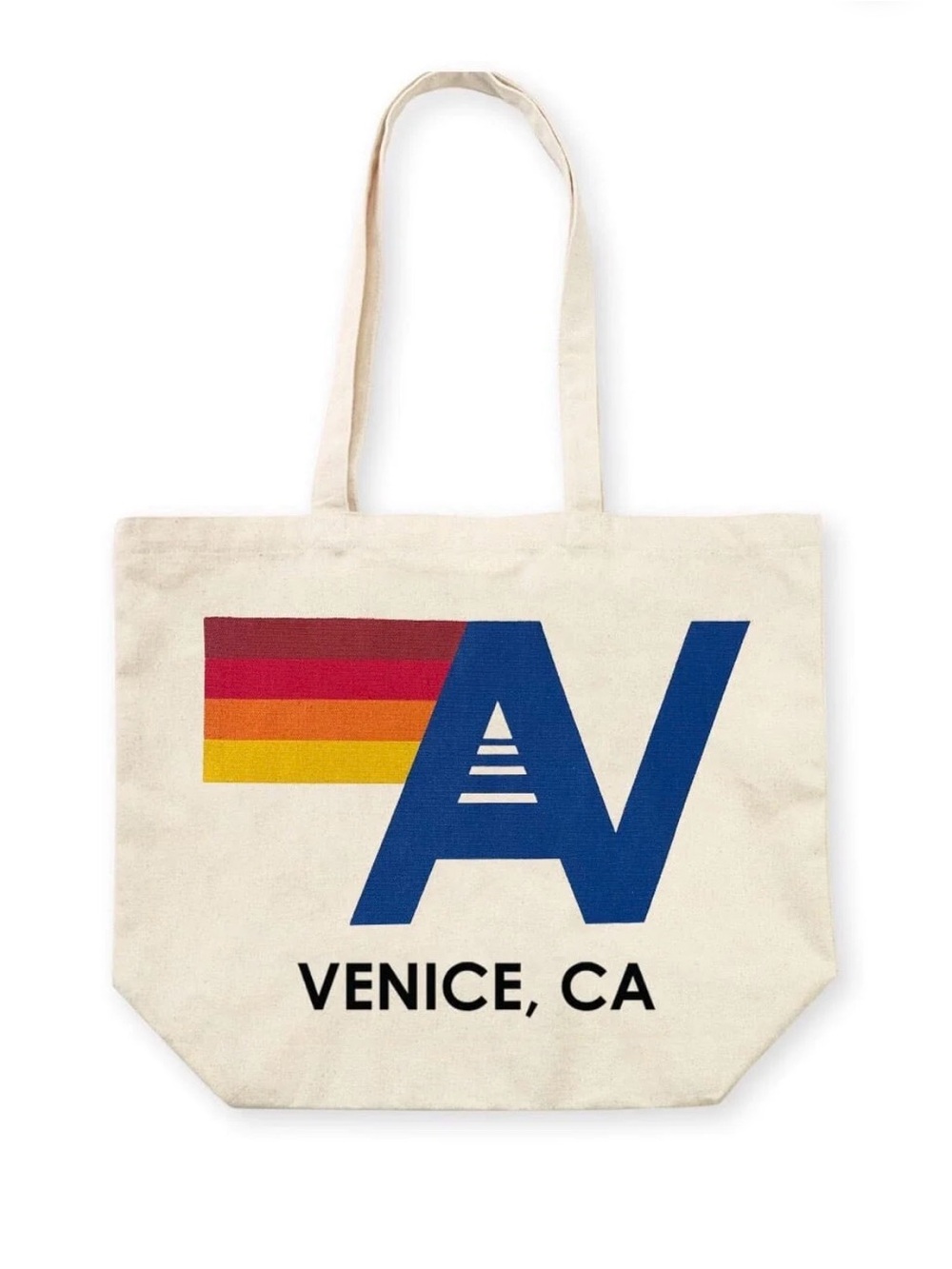 Aviator Nation Cream Canvas Tote with Blue Logo and Multicolor Stripe